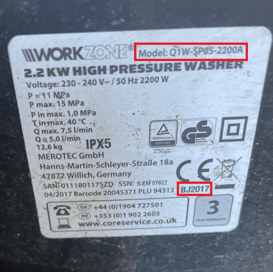 Aldi Workzone Electric Pressure Washer ( Q1W-SP05-2200A-BJ2017 ) Replacement FLEXIWASH Rubber Hose