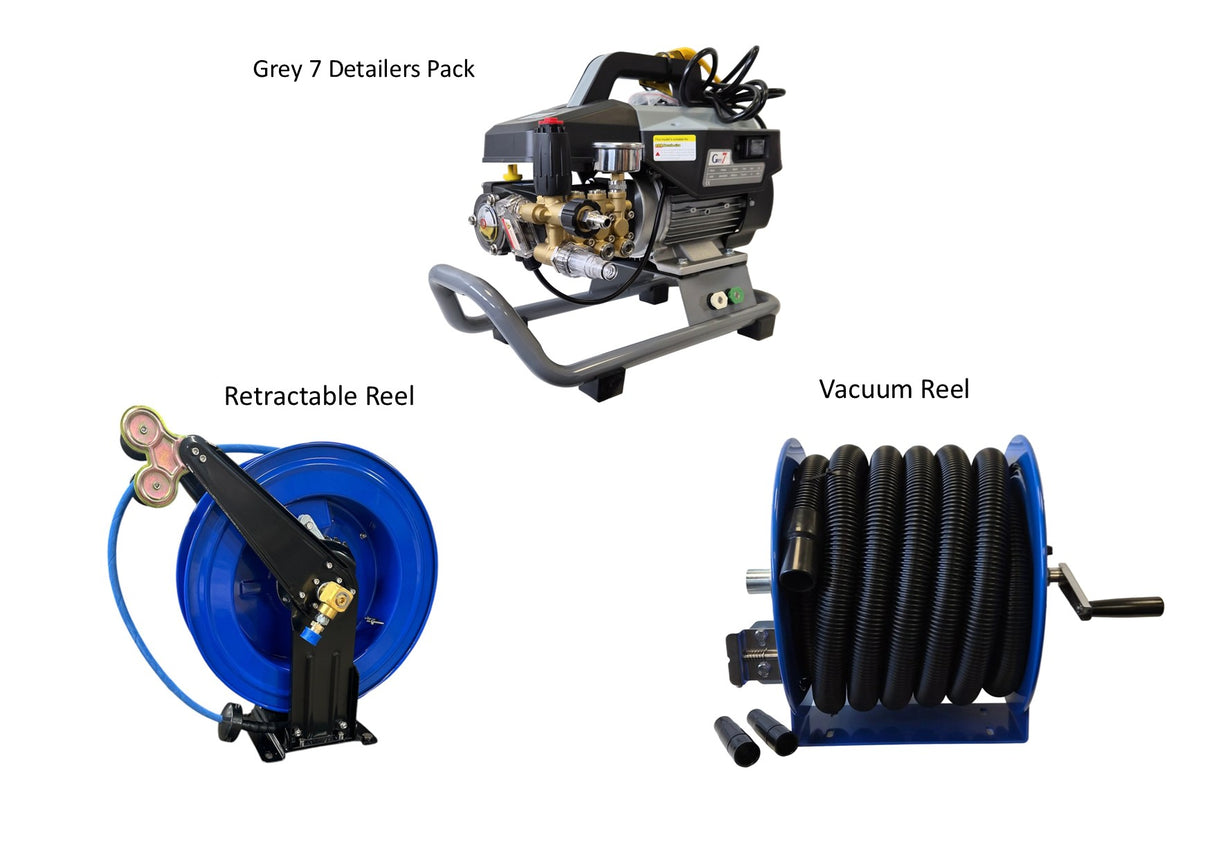 Grey 7 RETRACTABLE REEL Rubber Wire Reinforced Hose & Vac Reel 15 mts hose Detailers pack