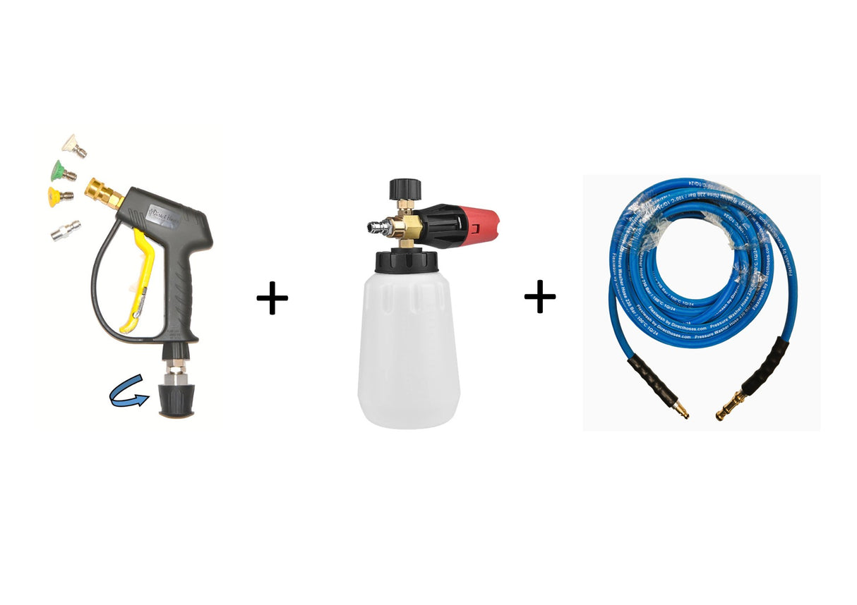 Nilfisk style Hose reel series rubber replacement hose, short trigger & foam Lance with quick fit nozzles - machine Hose reel connection