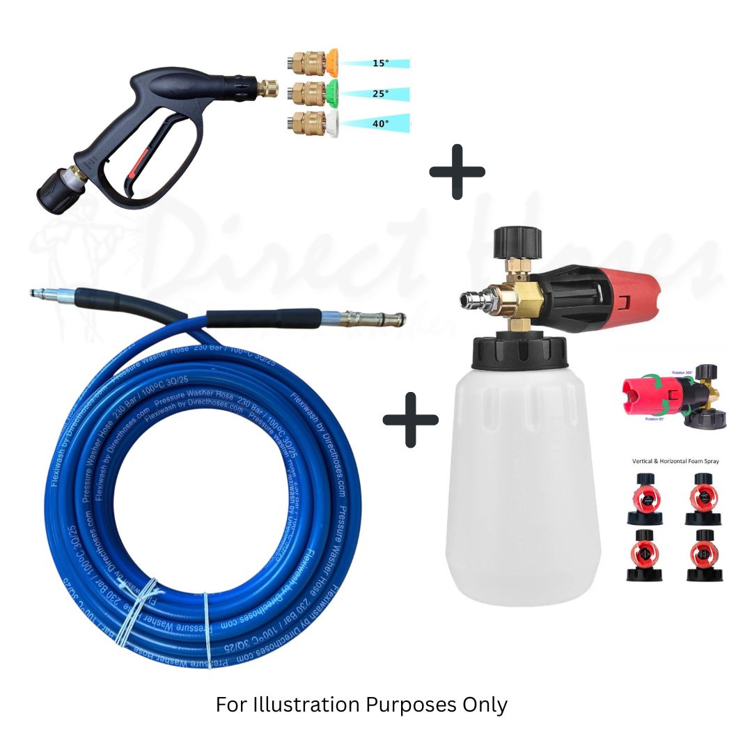 Nilfisk style Hose reel series rubber replacement hose, short trigger & foam Lance with quick fit nozzles - machine Hose reel connection