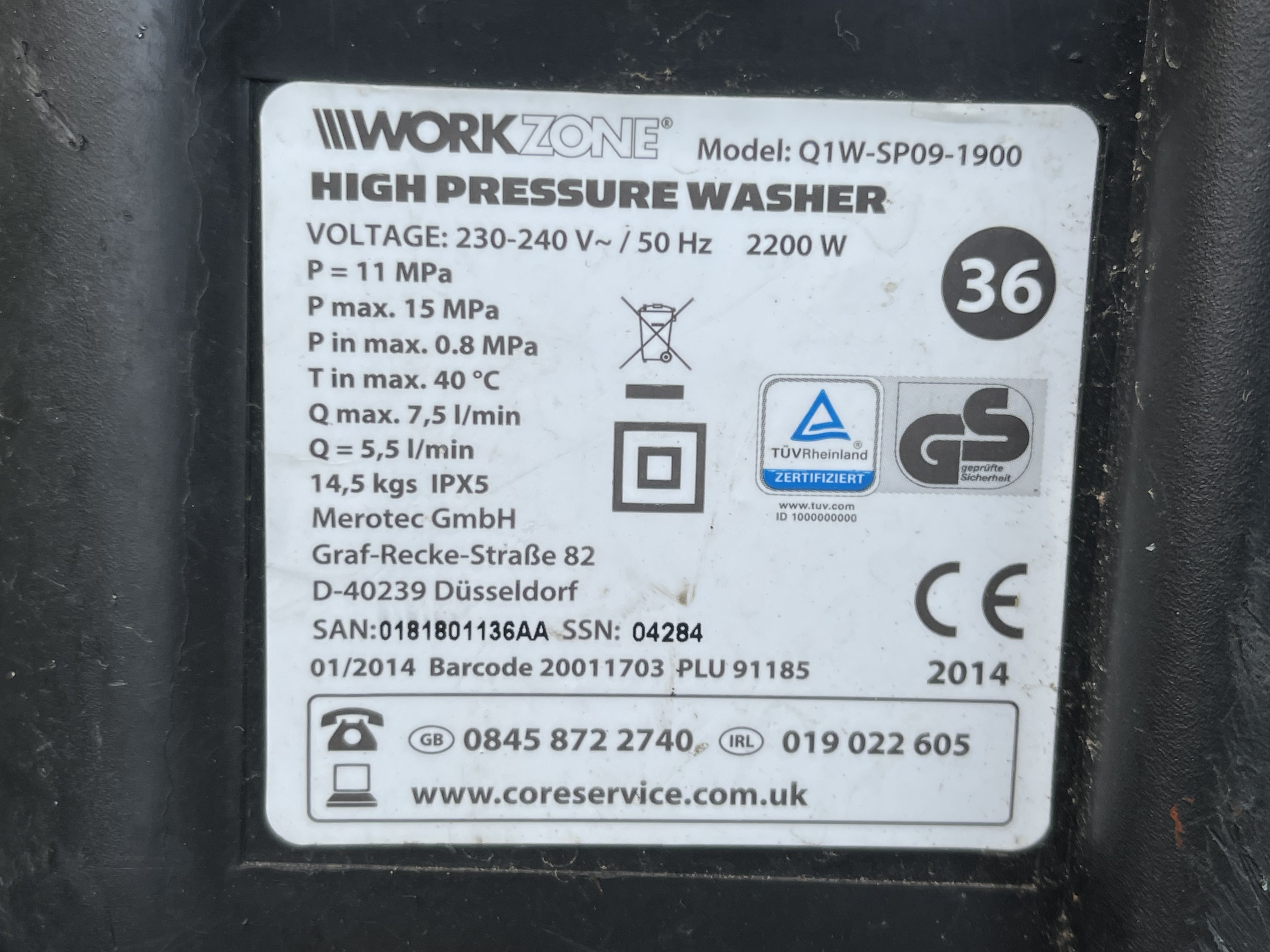 Aldi Workzone Electric Pressure Washer (Q1W-SP09-1900) Replacement