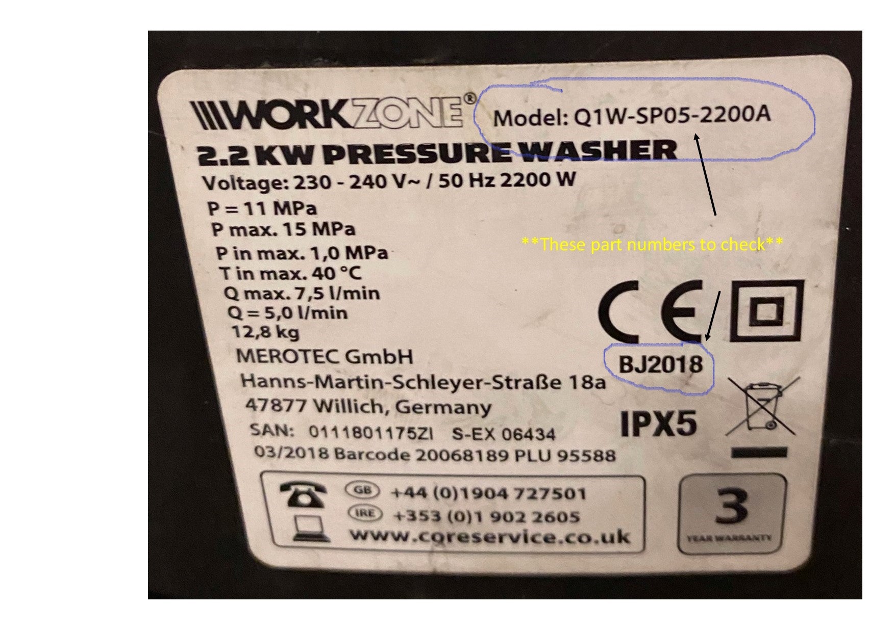 Aldi Workzone Electric Pressure Washer (Q1W-SP05-2200A-BJ2018