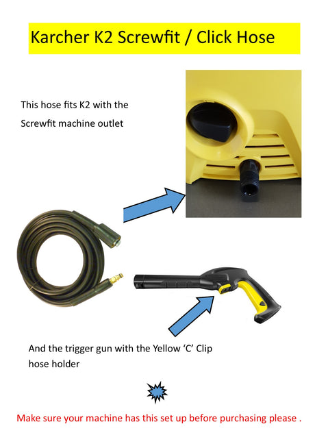 Karcher style replacement hose for yellow 'c' clip trigger - screw fit machine, quick fit trigger gun